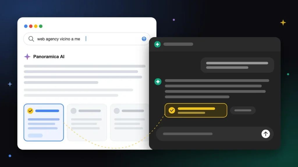 Ricerca Google con Panoramica AI e chat in stile ChatGPT che citano entrambe il sito dell'azienda tra le fonti