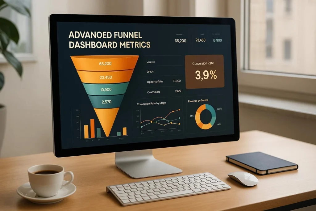Dashboard con funnel di conversione da visitatori a clienti, tasso di conversione e ricavi per fonte