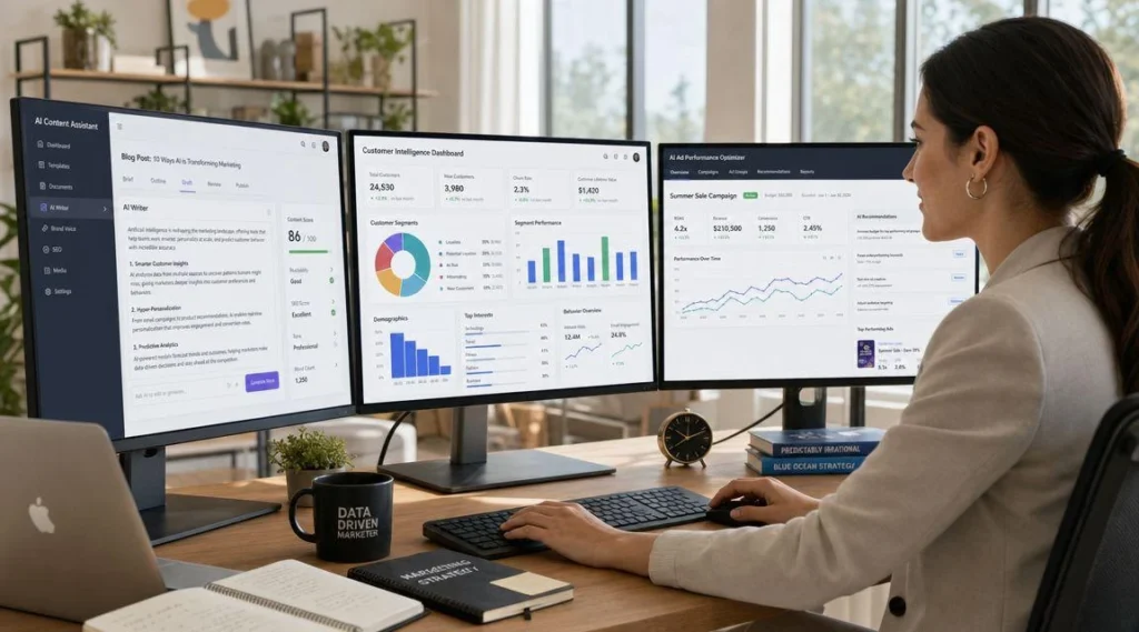 Professionista al lavoro su tre monitor con strumenti di intelligenza artificiale per contenuti, analisi clienti e campagne